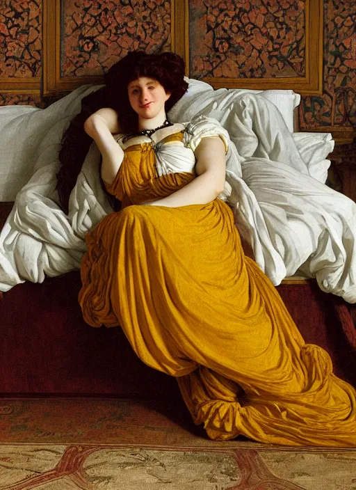Image similar to masterpiece portrait of lady reclining on bed wearing yellow ochre ornate medieval dress, foreshortening, colour photography by frederic leighton, william morris, 8 k