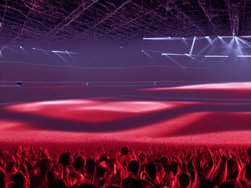 Prompt: a large concert stadium in hell, high contrast, stage lighting, pyrotechnics, ghibli animated film, volumetric lighting, octane render,