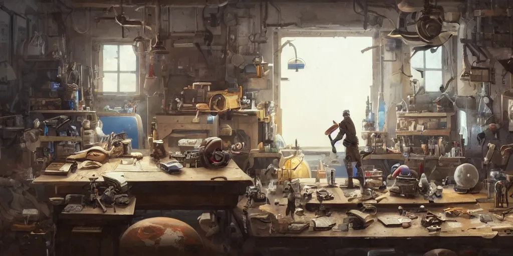 Image similar to A strong mechanic tinkers over gadgets on a table inside his workshop, in the style of Arcane, Greg Rutkowski and Studio Ghibli