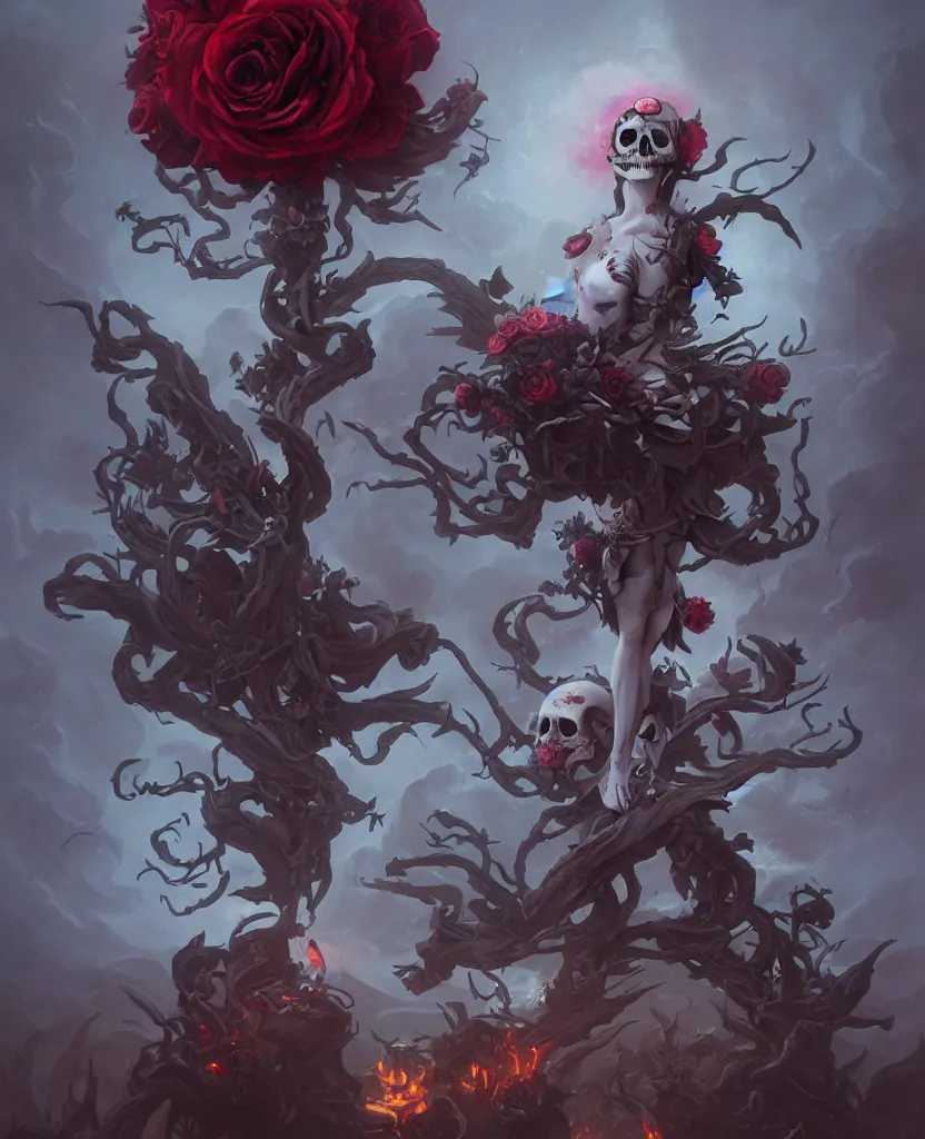 Image similar to a chaotic goddess of death skull black rose s day of the dead atmospheric, dramatic, concept art by Peter Mohrbacher hyperrealist, cinema4D, 8k highly detailed ❤️‍🔥 🔥 💀 🤖 🚀