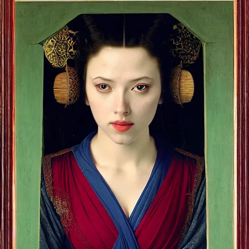 Prompt: three quarter view portrait of young scarlet johansson in japanese costume by jan van eyck, tom bagshaw, jean delville, william bouguereau, albrecht durer, symbolist painting, mysterious mood