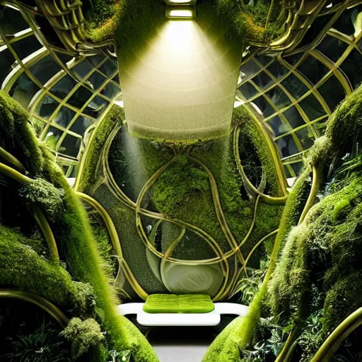 Image similar to a dream about opulent, abandoned overgrown futuristic base on Mars designed by Zaha Hadid, lush plants growing through the glossy floors and walls, walls are covered with moss and vines, beautiful, dusty, golden volumetric light shines through, golden rays fill the space with warmth, rich with epic details, dreamy atmosphere and drama