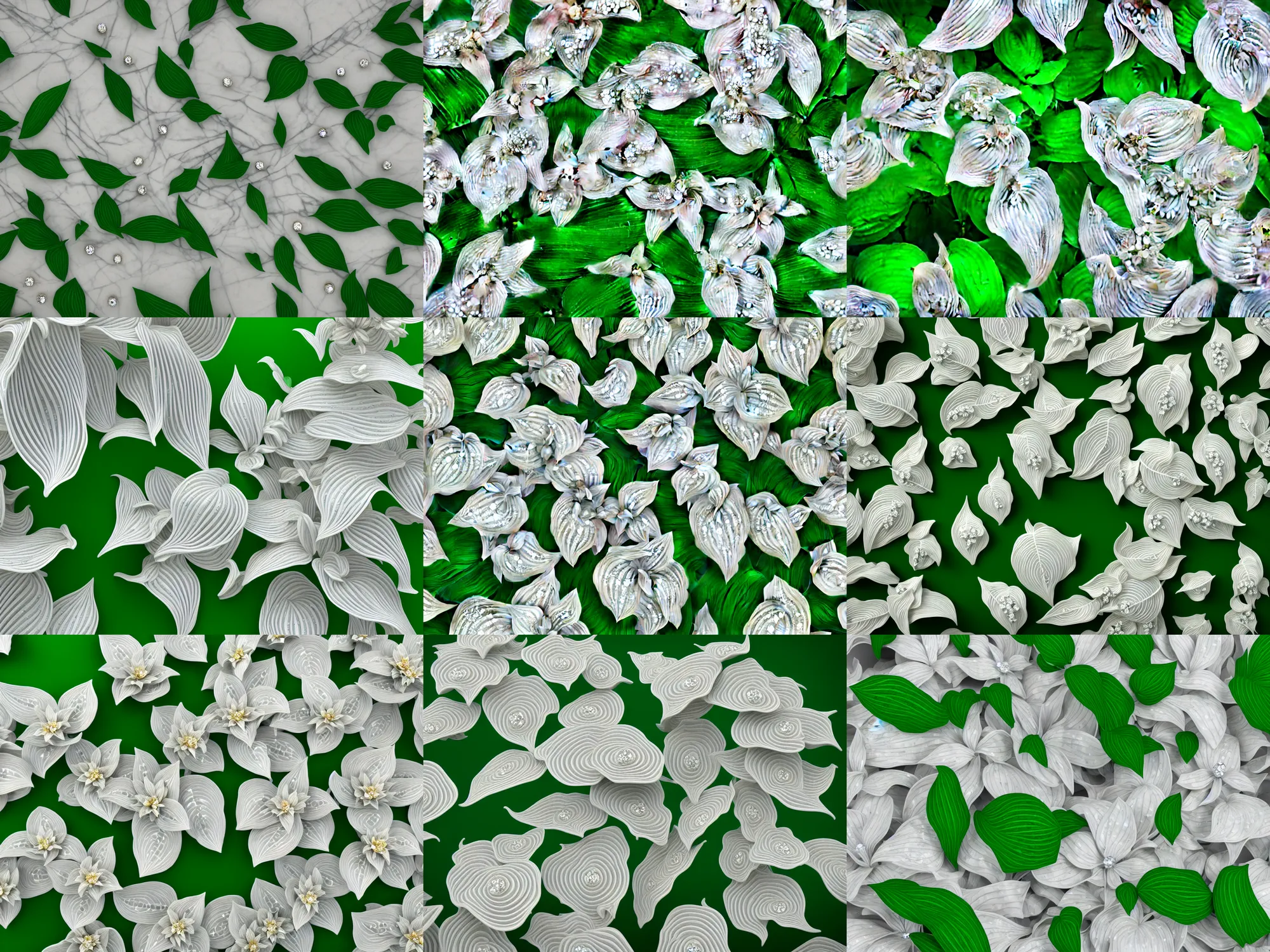 Prompt: human hand intricately sculpted of marble and decorated with diamonds + reaching towards abundant flowering hosta flowers!!!, 3 d geometric neon cubed hosta flowers, in serene forest setting, rule of thirds, clean linework, dramatic, award winning, 4 k, trending on artstation, photorealistic, volumetric lighting, octane render