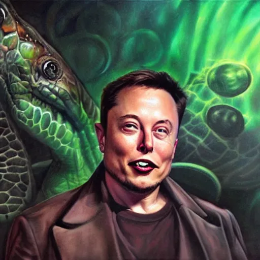 Image similar to elon musk as reptilian, airbrush concept art, drew struzan illustration art, key art, movie poster