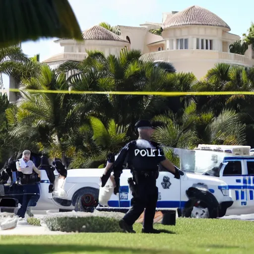 Prompt: mar-a-lago, FBI agents carrying papers, police tape, nervous, news report, black suburbans, high detail