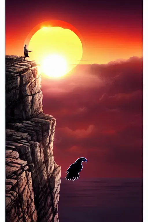 Image similar to elderly man falling off a cliff, tragic moment, 8 k, art by artgerm, award winning photo, sunset in background, ravens in the sky, highly - detailed