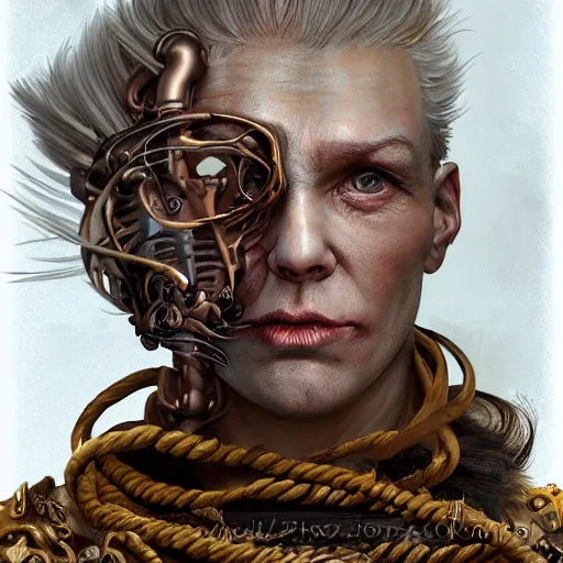 Image similar to portrait of a Shibari rope wrapped face and neck, headshot, insanely nice professional hair style, dramatic hair color, digital painting, of a old 15th century, old cyborg merchant, amber jewels, baroque, ornate clothing, scifi, realistic, hyperdetailed, chiaroscuro, concept art, art by Franz Hals and Jon Foster and Ayami Kojima and Amano and Karol Bak,