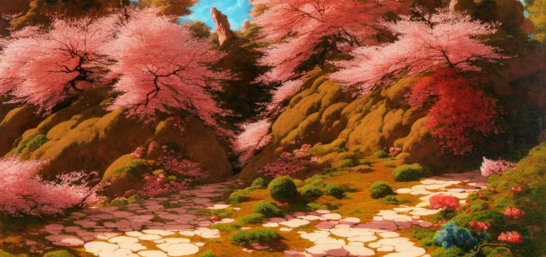 Prompt: ghibli illustrated background of a trail leading through a strikingly beautiful landform with strange rock formations and pools of red water, and cherry blossoms by vasily polenov, eugene von guerard, ivan shishkin, albert edelfelt, john singer sargent, albert bierstadt 4 k