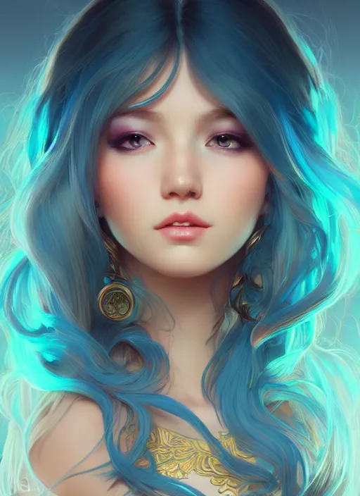 Image similar to beautiful girl with long turqoise hair, cute, intricate, highly detailed, digital painting, trending on artstation, concept art, smooth, sharp focus, backlit, rim light, vivid colors, illustration, unreal engine 5, 8 k, art by rossdraws and alphonse mucha