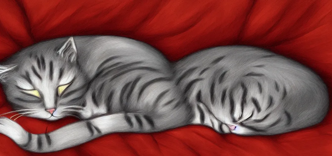 Image similar to cat sleeping in bed, digital art