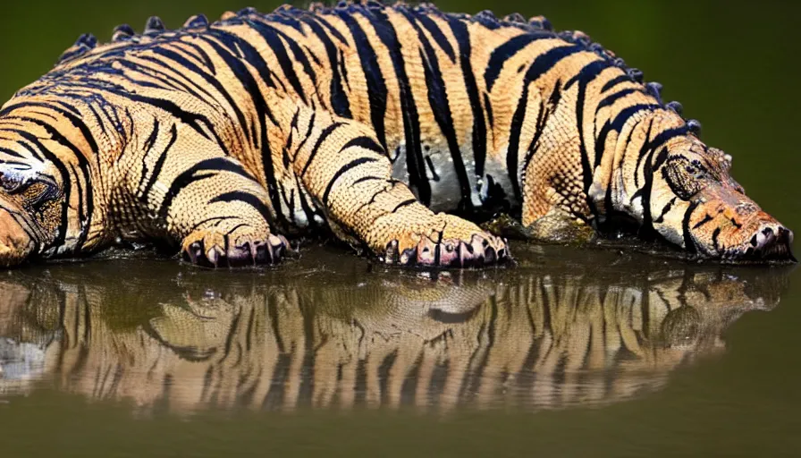 Image similar to an alligator tiger!!! hybrid! hyper realistic!! realistic lighting!! wildlife photographer of the year!!! bold natural colors, national geographic, hd, wide angle, 8 k