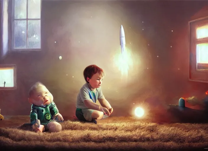 Image similar to toddler elon musk sitting on a shaggy rug playing with his little space rockets, realistic painting, beautiful soft lighting, istvan sandorfi