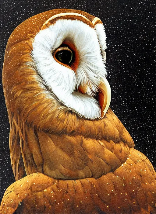 Image similar to close-up portrait of anthropomorphic barn owl, space, stars, dreamy, romantic, painting in the museum, highly detailed, sharp focus, digital painting, artwork, by Victor Adame Minguez by Yuumei by Tom Lovell by Sandro Botticelli