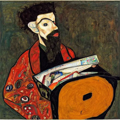 Prompt: Moodymann browsing a crate of records, oil on canvas, by Egon Schiele