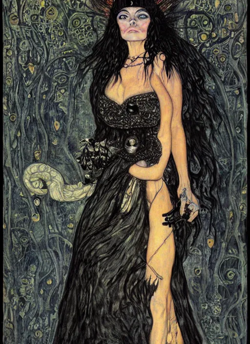 Prompt: painting of theda bara as a sorceress, wearing a black cloak, gothic, messy hair, in the styles of charles vess and gerald brom and gustav klimt