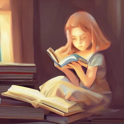 Prompt: a girl reading a book, highly detailed, digital painting, artstation, concept art, art by Benoit B. Mandelbrot
