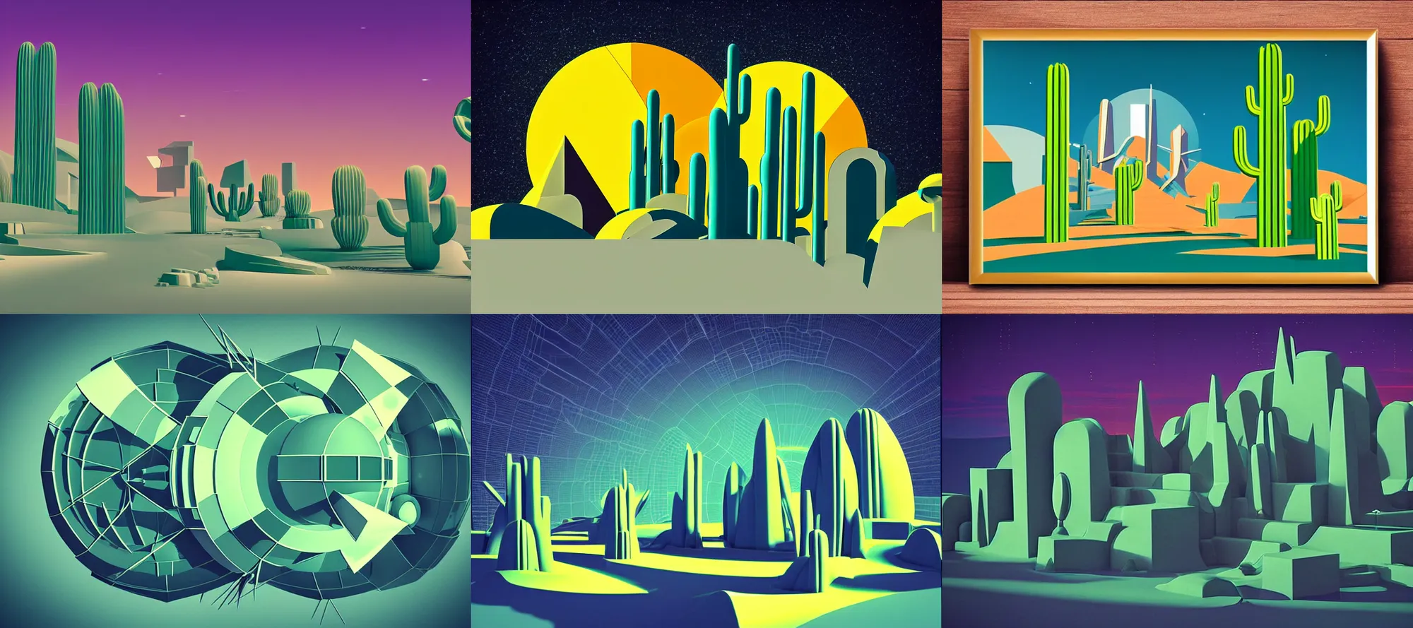 Prompt: retro-futurism style-art deco style-sci-fi- 3d geometric landscape with cactus