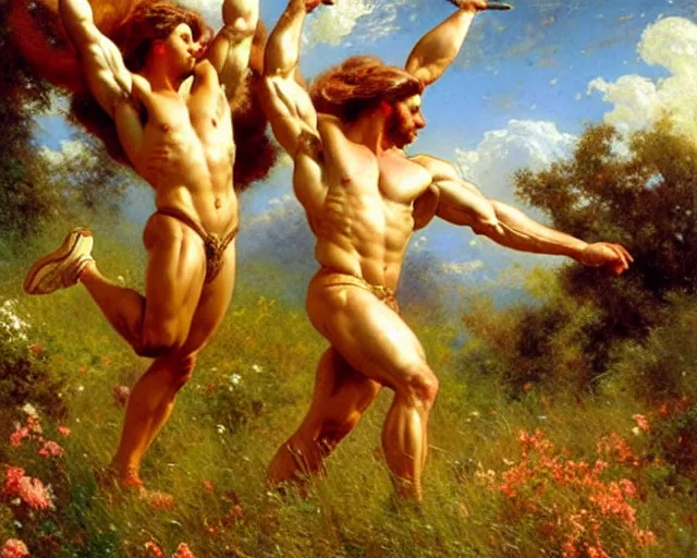 Prompt: muscular hercules and muscular achilles frolic in a meadow of beautiful flowers, a pegasus soars above them, painting by gaston bussiere, craig mullins, j. c. leyendecker,