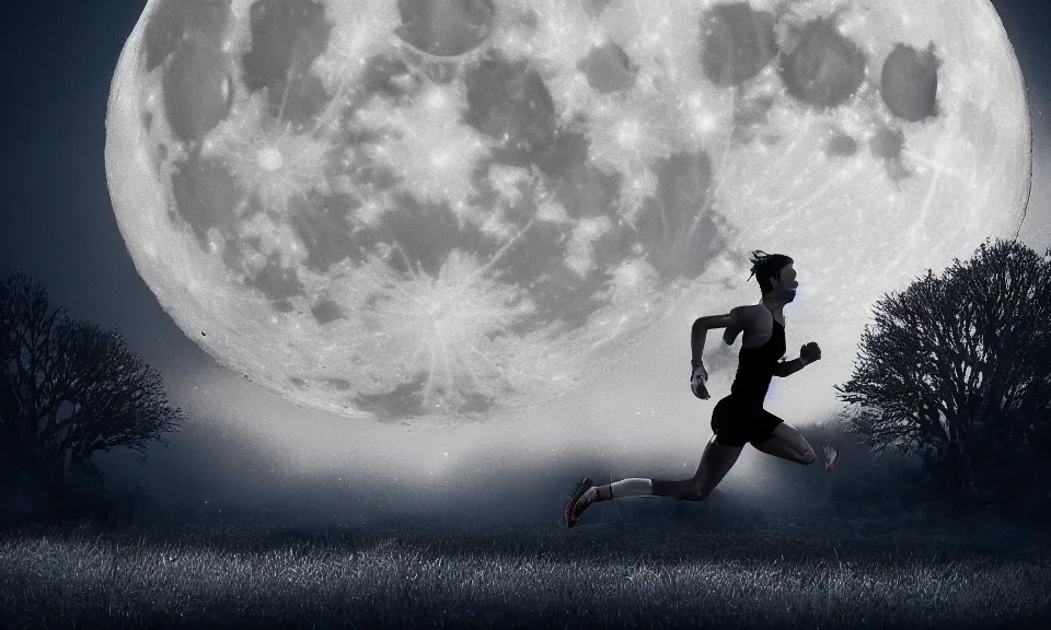 Image similar to a runner was running alone beneath the gaint moon,featured in artstation, cinematic, elegant, 8k