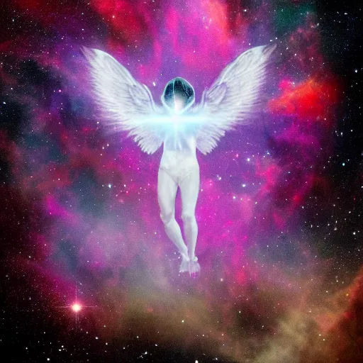 Image similar to an angelic being flying through a nebula