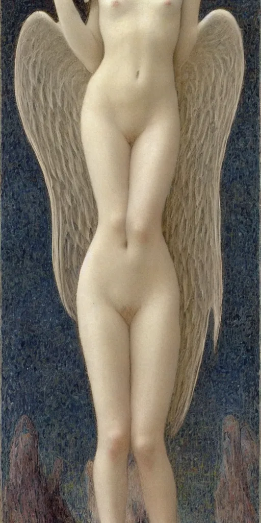 Image similar to Say who is this with silver hair so pale and Wan! and thin? beautiful lone single feminine!! angel, Venus Aphrodite, in the style of Jean Delville, Lucien Lévy-Dhurmer, Fernand Keller, Fernand Khnopff, oil on canvas, 1896, 4K resolution, aesthetic, mystery