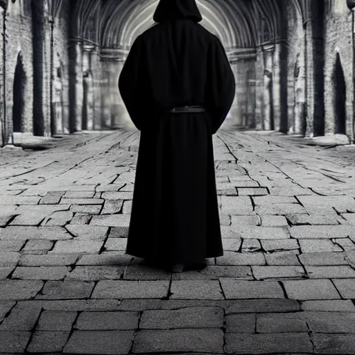Image similar to a man in a black cloak gazing into a medieval city
