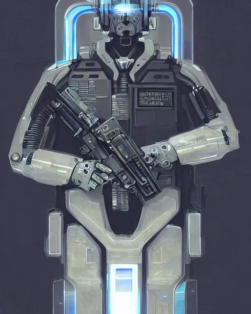 Prompt: a portrait of a cybernetic police unit wielding a pulse rifle, scifi, smooth, intricate sci fi panels made of metal, elegant, highly detailed panel cuts, greeble detail, caustics and refraction, neon glowing eyes, digital painting, artstation, concept art, high tech fantasy, sharp focus, illustration, art by marco plouffe arstation and Riot Studios and Blizzard Studios