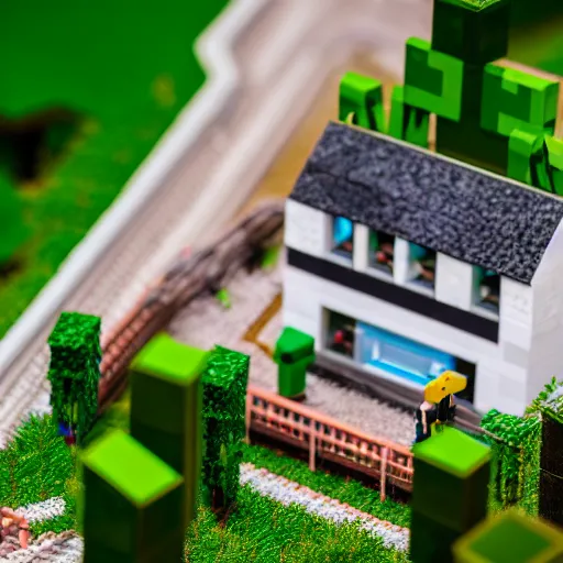 Image similar to macro photo of a miniature ho scale aesthetic minecraft house figure, taken with canon 8 0 d, canon 1 0 0 mm f / 2. 8