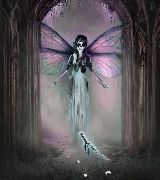 Image similar to gothic fairy with dragonfly wings, digital painting, liminal eerie midnight backlit, a picture taken by Michael Komarck and Daniel Ljunggren