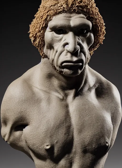 Prompt: a bust sculpture of a neandertal with feline features, ceramic base, front view, studio lighting, expresive