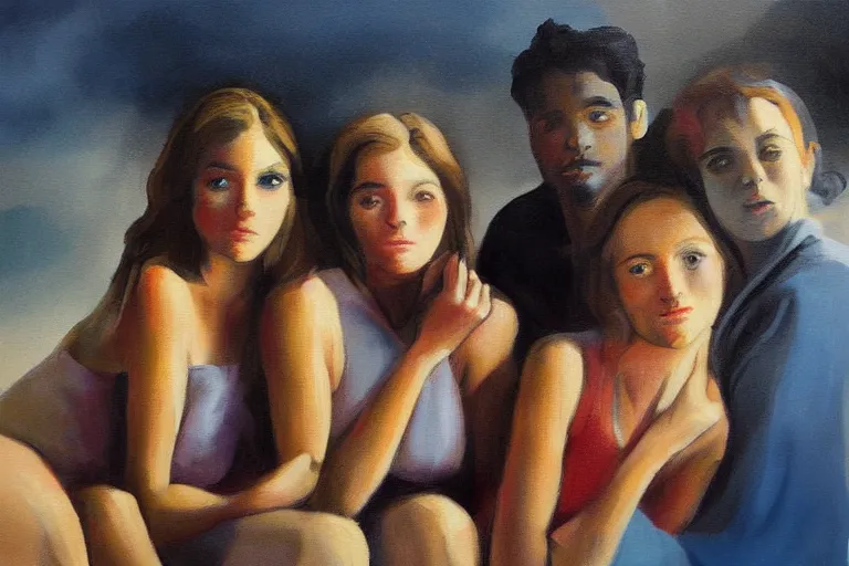 Image similar to beautiful painting of friends, beautiful faces, sitting on the edge, cute, soft light, digital painting by diane arbus