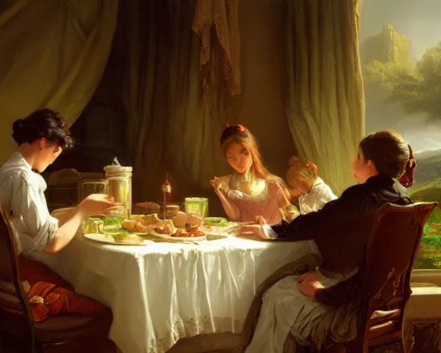 Image similar to an oil painting of victorian dinner, a digital painting by thomas cole, cgsociety, metaphysical painting, 2 d game art, storybook illustration, detailed painting