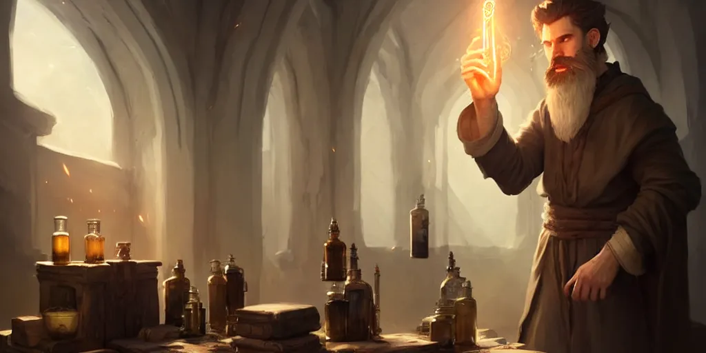 Image similar to a handsome bearded white male mage with brown hair he is casting a spell emanating from his hands, he is in a alchemist workshop filled with beakers and equipment, closed hands, sharp focus, waist up, trending on artstation, by greg rutkowski