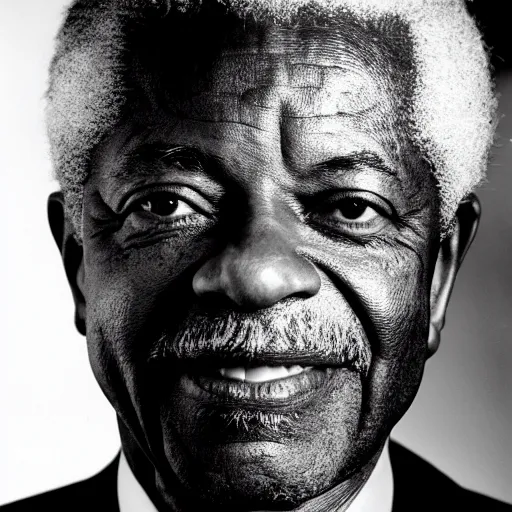 Image similar to black and white photo, portrait of kofi annan by richard avedon, realistic, Leica, medium format, cinematic lighting, parallax, high resolution,