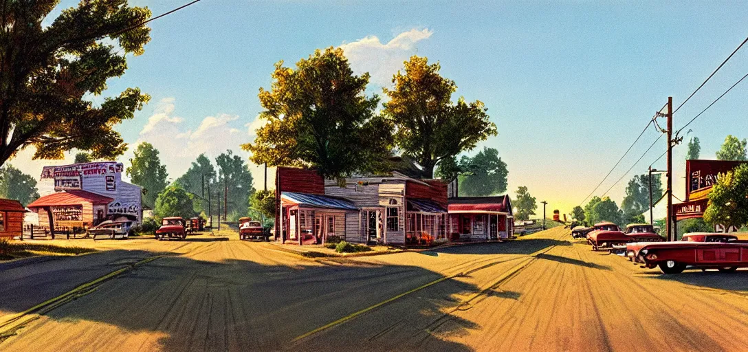 Image similar to concept art of a small rural town in middle America in the 1960s, detailed, Americana, golden hour