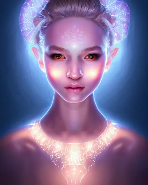 Image similar to portrait of warrior pixie, glowing lights!! intricate, elegant, highly detailed, digital painting, artstation, concept art, smooth, sharp focus, illustration, disney stuyle, symmetry face, fine details. surreal, by ilya kuvshinov, katsuhiro otomo, kidmo!!!, trending on artstation, munreal engine 5