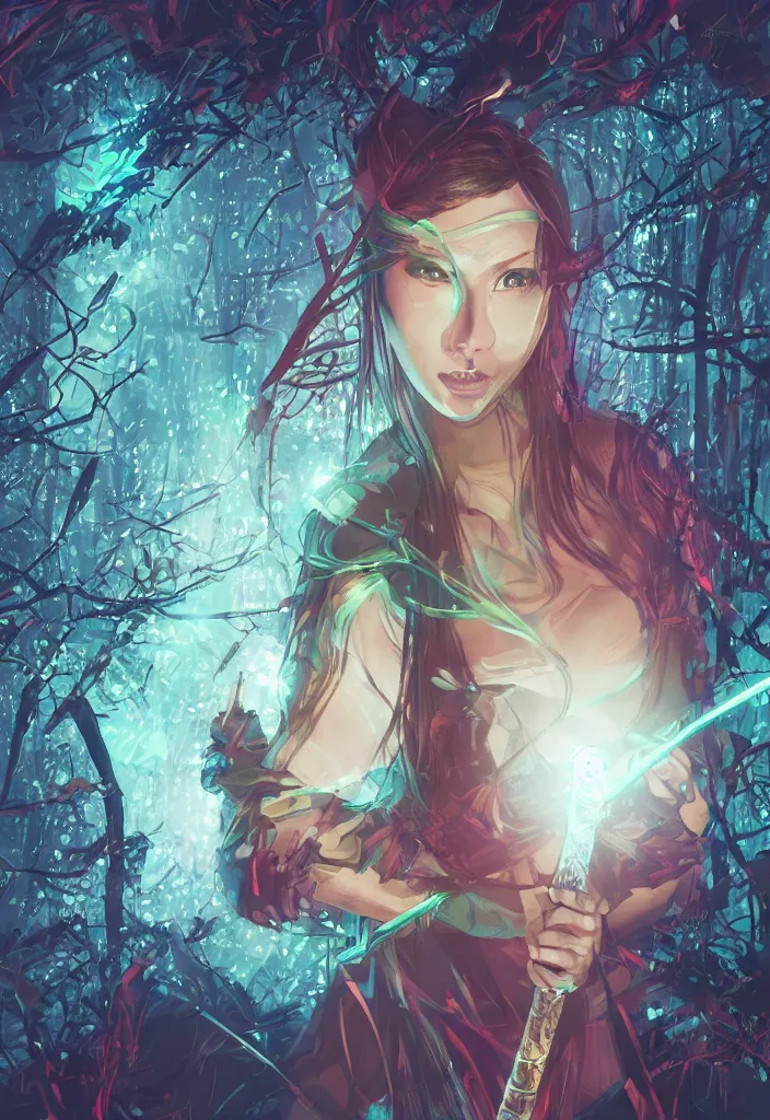 Prompt: , woman with illuminated neon katana in the forest at night, closeup , digital effects fantasy ,digital art, illustration, award winning, professional, stylized, cel shaded