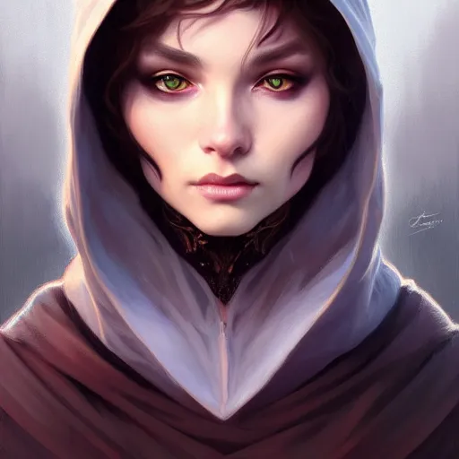 Image similar to portrait of cat wizard wearing a hood, face, fantasy, intricate, elegant, highly detailed, digital painting, artstation, concept art, smooth, sharp focus, illustration, art by artgerm and greg rutkowski and alphonse mucha