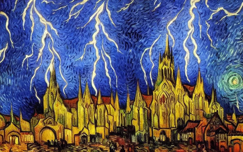 Prompt: atmospheric detailed expressionist oil painting of lightning storm over a tall gothic church, landscape painting, expressionism, blues, dramatic lighting, 8 k resolution detailed art, small brushstrokes, watercolor palette, painted by vincent van gogh