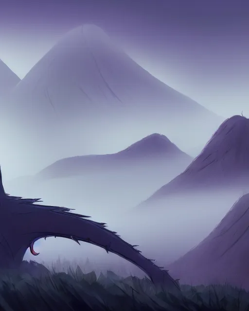 Prompt: concept art for a tall smooth, sleek kaiju creature, walking through a mountain range, fog, mountains in the distance | | epic - fine - clean, polished, trending on artstation, anime style, brush strokes