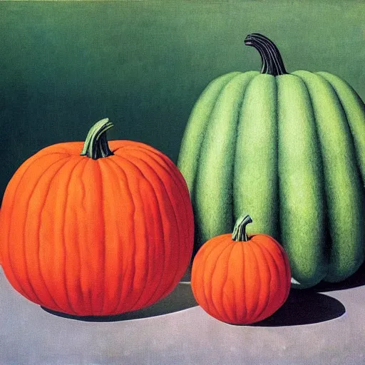 Prompt: a watermelon pumpkin patch by René Magritte