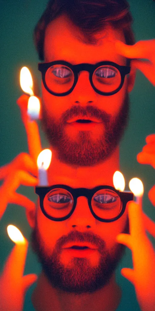 Prompt: macro of a man wearing glasses, his face is covered an is lit with candles, turquoise and pink lighting, photography, 1980s, cinestill 800t