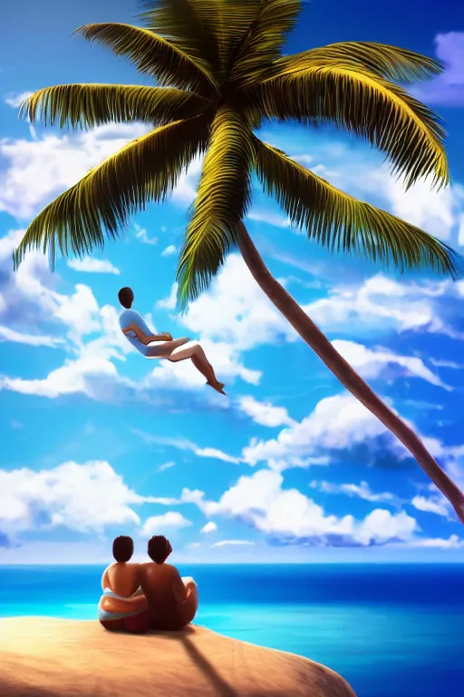 Prompt: conceptual art of 1 couple sitting on a cloud with palms, high in the sky above a paradisiac Caribbeans, mattepainting concept pixar maya engine on stylized background global illumination lighting artstation, in the style of Michelangelo