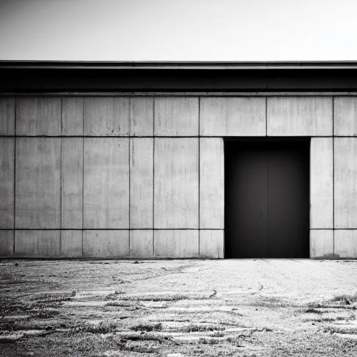 Image similar to a huge concrete building with no windows and a single door during night, dark, dirty, 4 k photography, dreary, liminal.! dream