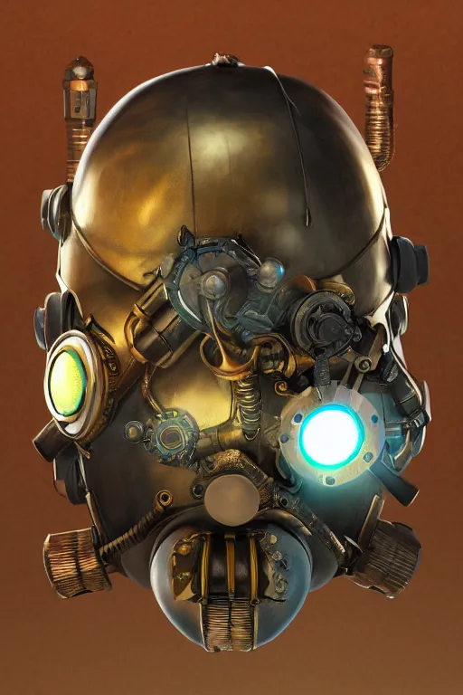 Image similar to steampunk mask minimalist fantasy art robot ninja helmet, global illumination ray tracing hdr fanart arstation by sung choi and eric pfeiffer and gabriel garza and casper konefal radiating a glowing aura