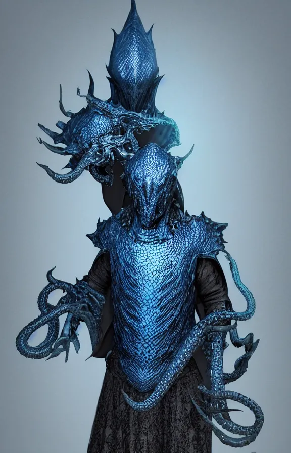 Image similar to detailed hypperrealistic artstation render, full body front view of a scaly black cloaked man, wearing a metallic blue squid mask. he holds in his hand a large knights blue greatsword, in addition tentacles emerge from his back like wings