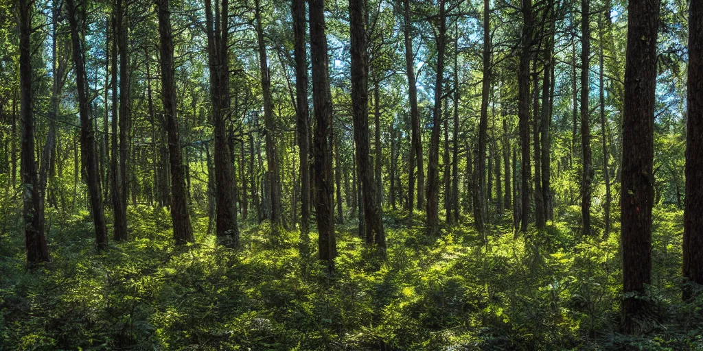 Prompt: A beautiful detailed photo of the inside deep forest with high trees and bilberries, light sieving through the trees, dynamic lighting, 35 mm, low angle view