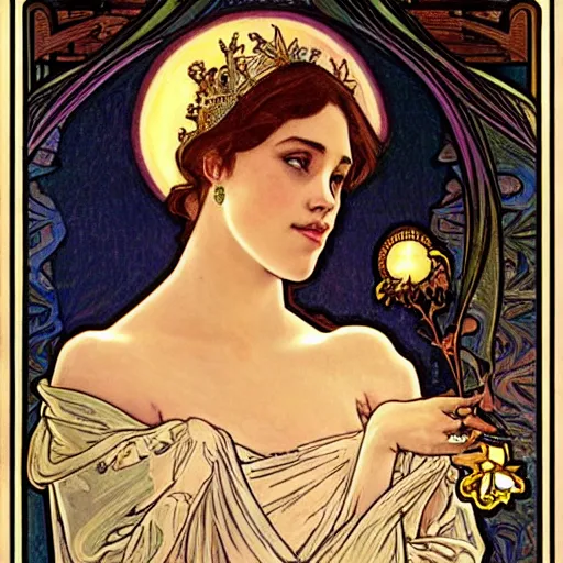 Prompt: megan markle portrait by louis - theophile hingre and alphonse mucha, realistic, sharp focus, zodiac signs, tarot cards, planets, ethereal, art nouveau, magic, moon, sun, crown, dreamy, royal, jewellery