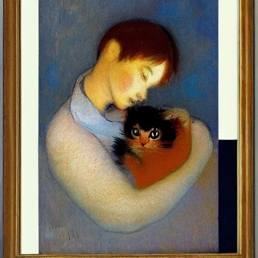 Image similar to a woman with short brown hair and her orange kitten by odilon redon