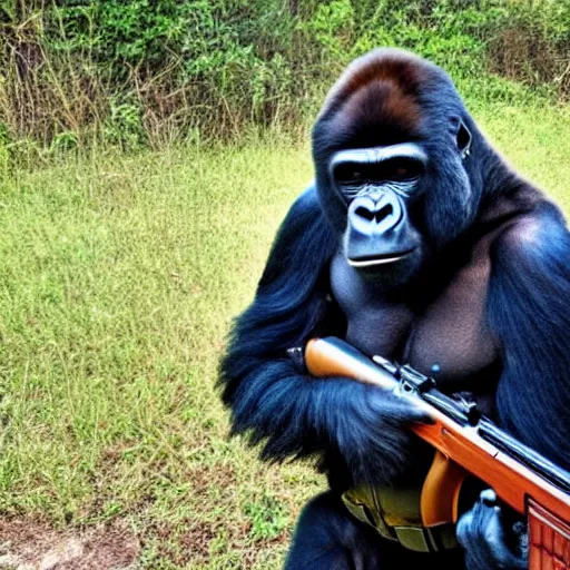 Prompt: photo of a gorilla wearing a bandana holding a rifle